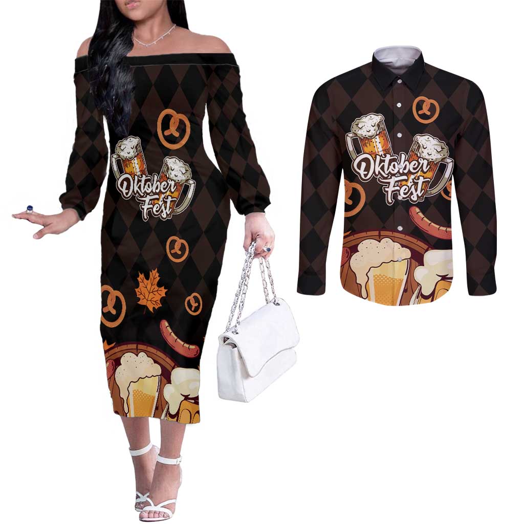 Oktoberfest German Beer Festival Celebration Couples Matching Off The Shoulder Long Sleeve Dress and Long Sleeve Button Shirt - Wonder Print Shop