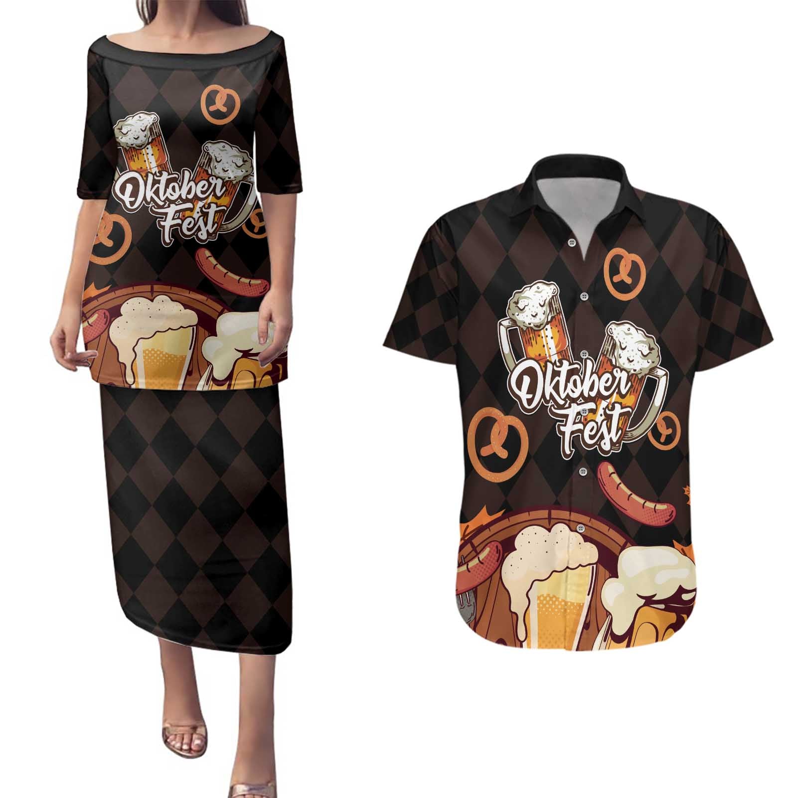 Oktoberfest German Beer Festival Celebration Couples Matching Puletasi and Hawaiian Shirt - Wonder Print Shop