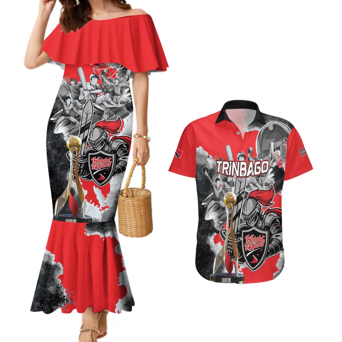 Personalized Trinbago Cricket Knight Riders Champion Couples Matching Mermaid Dress and Hawaiian Shirt - Wonder Print Shop