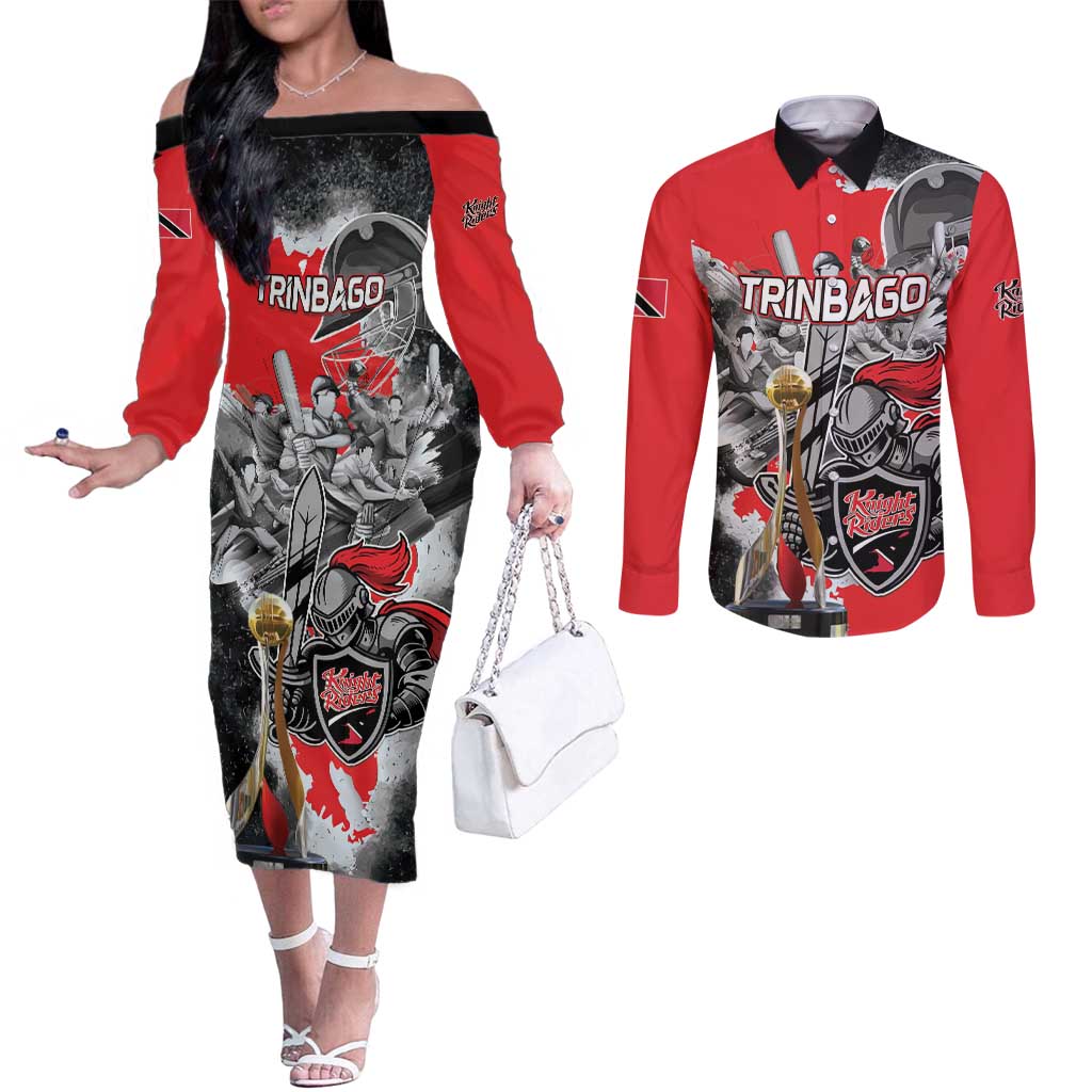 Personalized Trinbago Cricket Knight Riders Champion Couples Matching Off The Shoulder Long Sleeve Dress and Long Sleeve Button Shirt - Wonder Print Shop