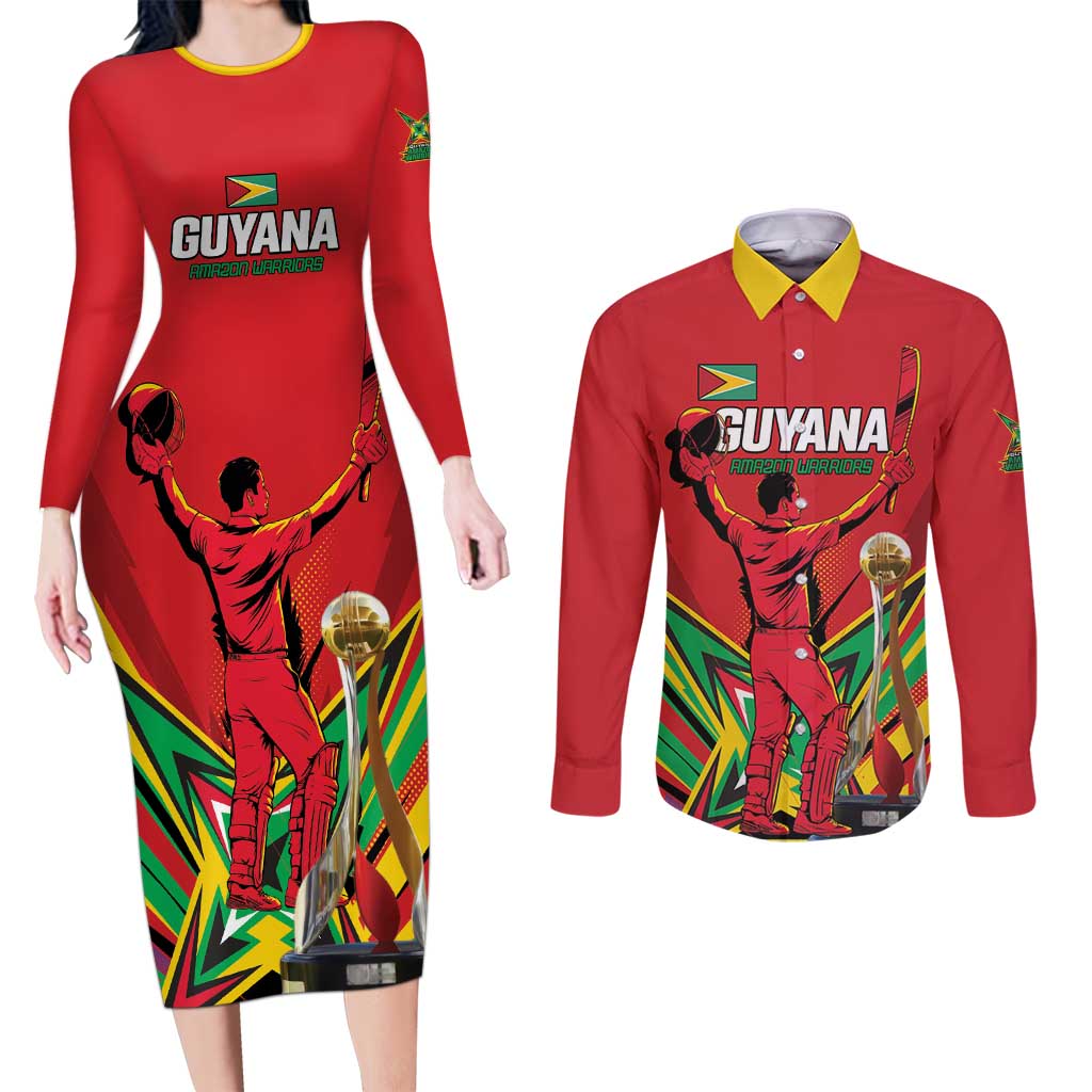 Personalized Amazon Warriors Champion Guyana Cricket Couples Matching Long Sleeve Bodycon Dress and Long Sleeve Button Shirt - Wonder Print Shop