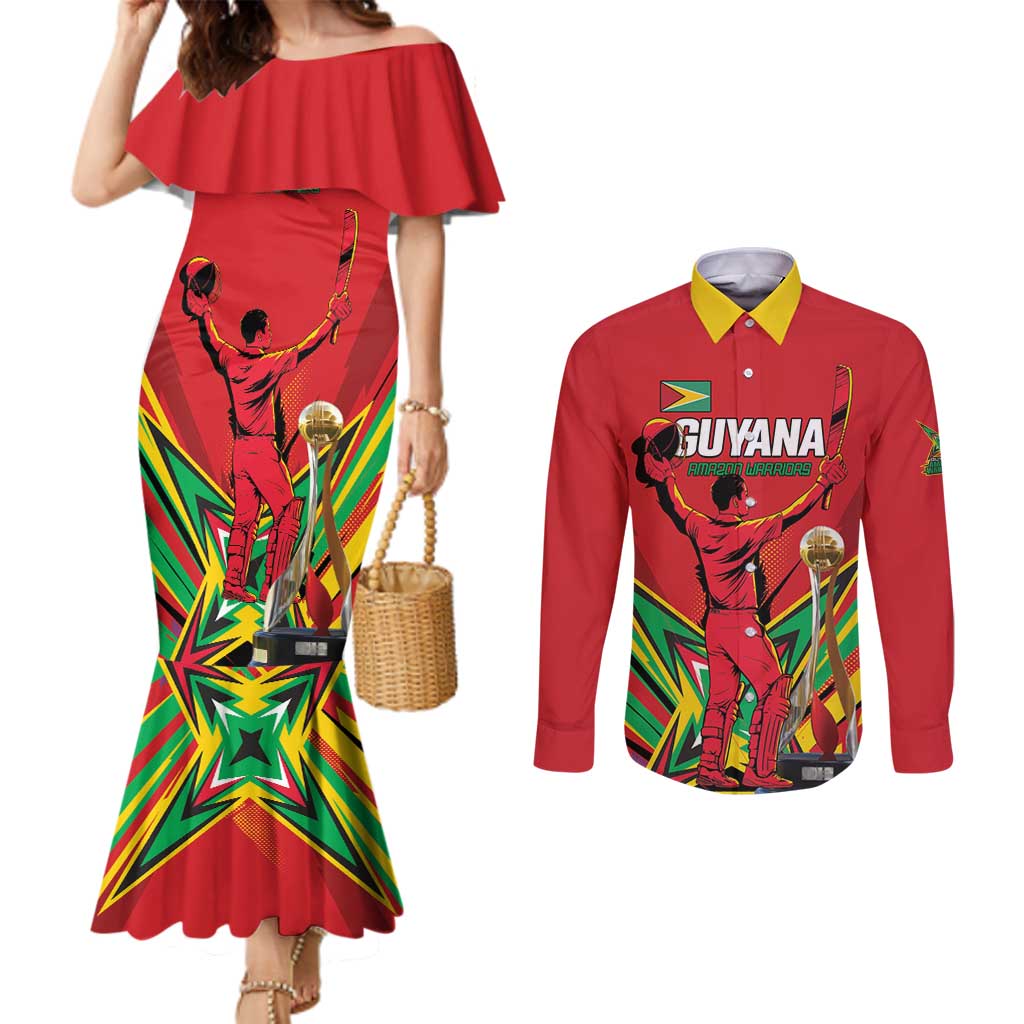 Personalized Amazon Warriors Champion Guyana Cricket Couples Matching Mermaid Dress and Long Sleeve Button Shirt - Wonder Print Shop