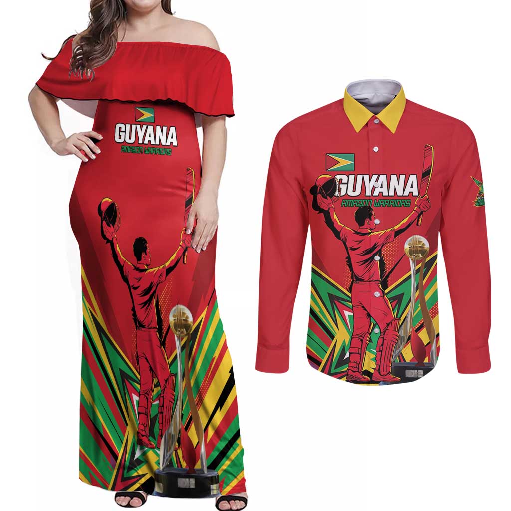 Personalized Amazon Warriors Champion Guyana Cricket Couples Matching Off Shoulder Maxi Dress and Long Sleeve Button Shirt - Wonder Print Shop