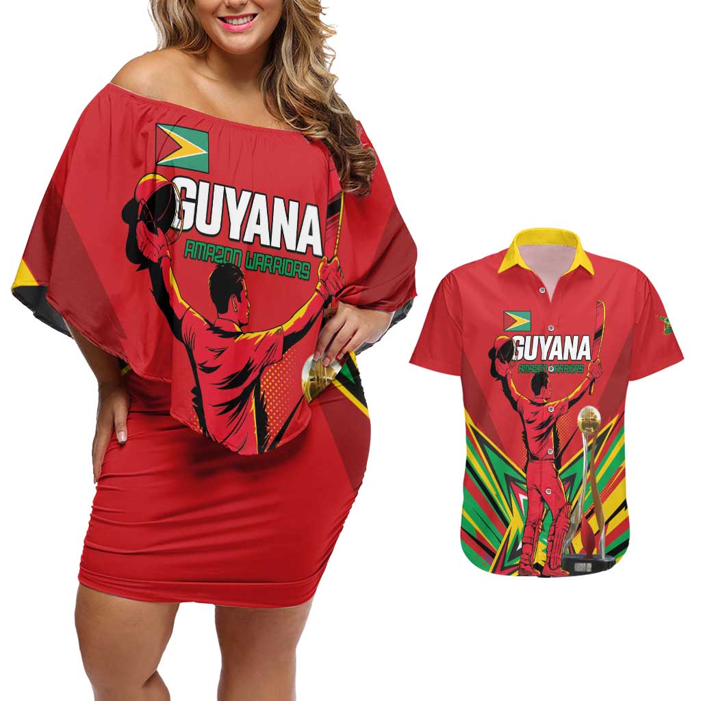 Personalized Amazon Warriors Champion Guyana Cricket Couples Matching Off Shoulder Short Dress and Hawaiian Shirt - Wonder Print Shop