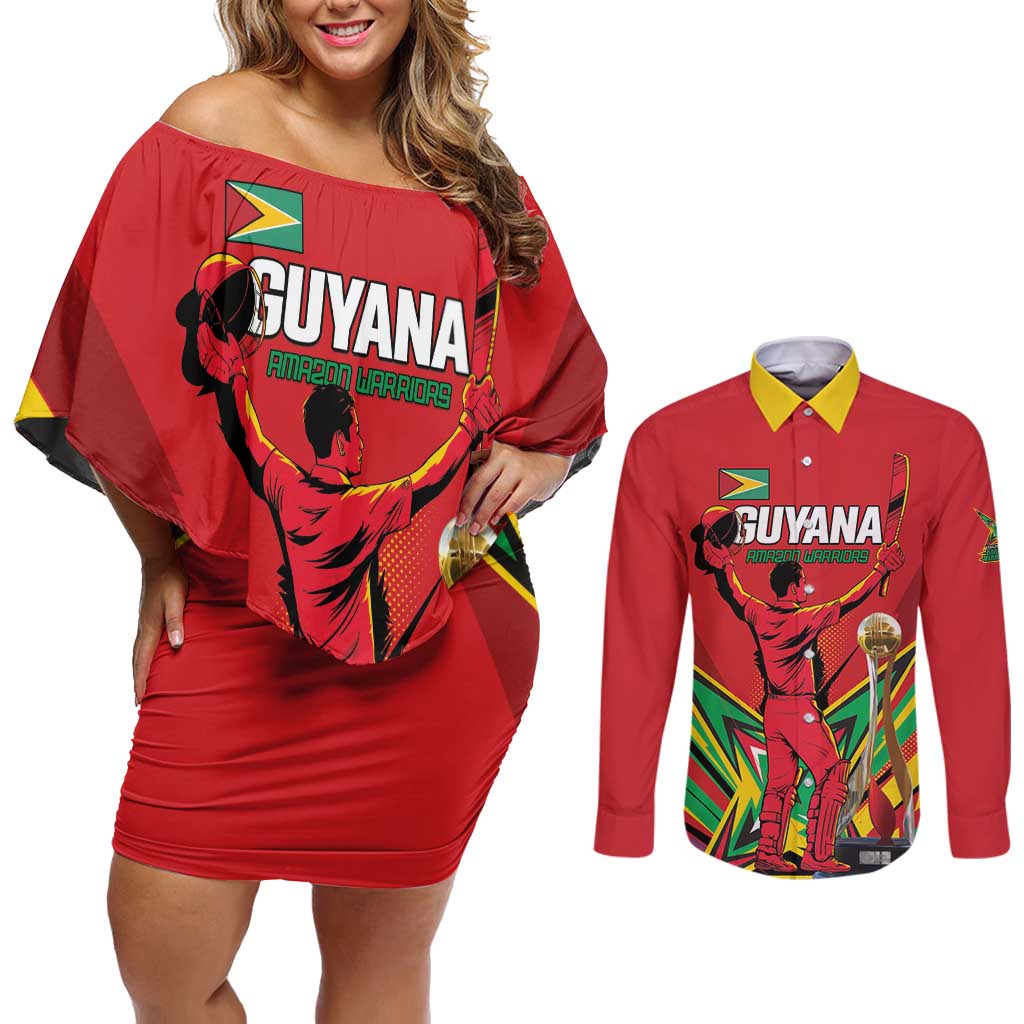 Personalized Amazon Warriors Champion Guyana Cricket Couples Matching Off Shoulder Short Dress and Long Sleeve Button Shirt - Wonder Print Shop