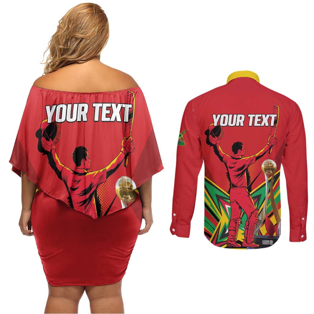 Personalized Amazon Warriors Champion Guyana Cricket Couples Matching Off Shoulder Short Dress and Long Sleeve Button Shirt - Wonder Print Shop