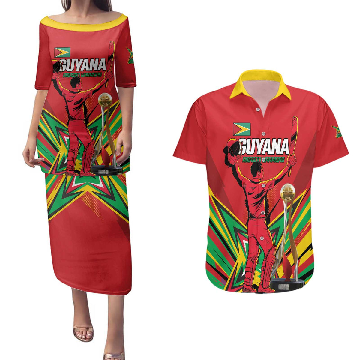 Personalized Amazon Warriors Champion Guyana Cricket Couples Matching Puletasi and Hawaiian Shirt - Wonder Print Shop