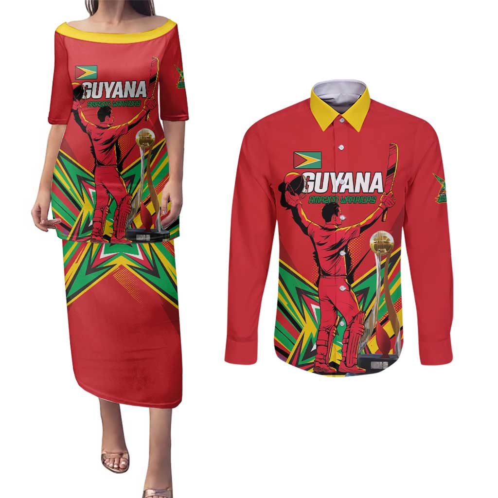Personalized Amazon Warriors Champion Guyana Cricket Couples Matching Puletasi and Long Sleeve Button Shirt - Wonder Print Shop
