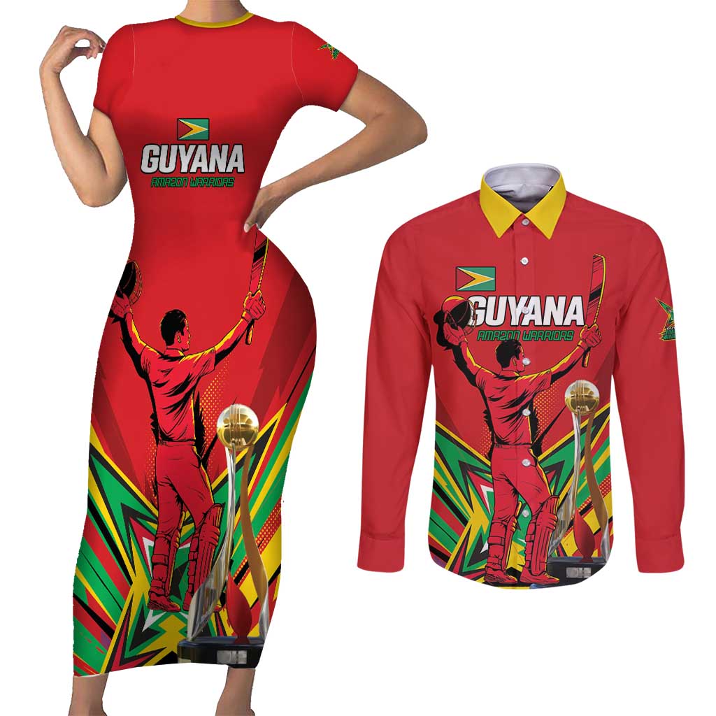 Personalized Amazon Warriors Champion Guyana Cricket Couples Matching Short Sleeve Bodycon Dress and Long Sleeve Button Shirt - Wonder Print Shop