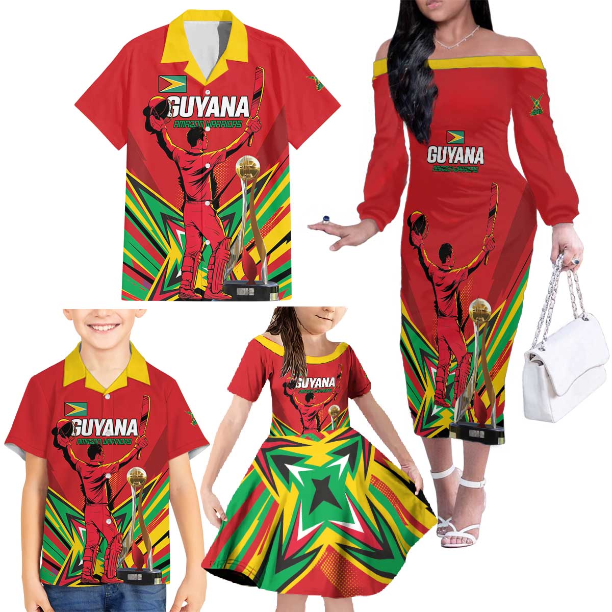 Personalized Amazon Warriors Champion Guyana Cricket Family Matching Off The Shoulder Long Sleeve Dress and Hawaiian Shirt - Wonder Print Shop