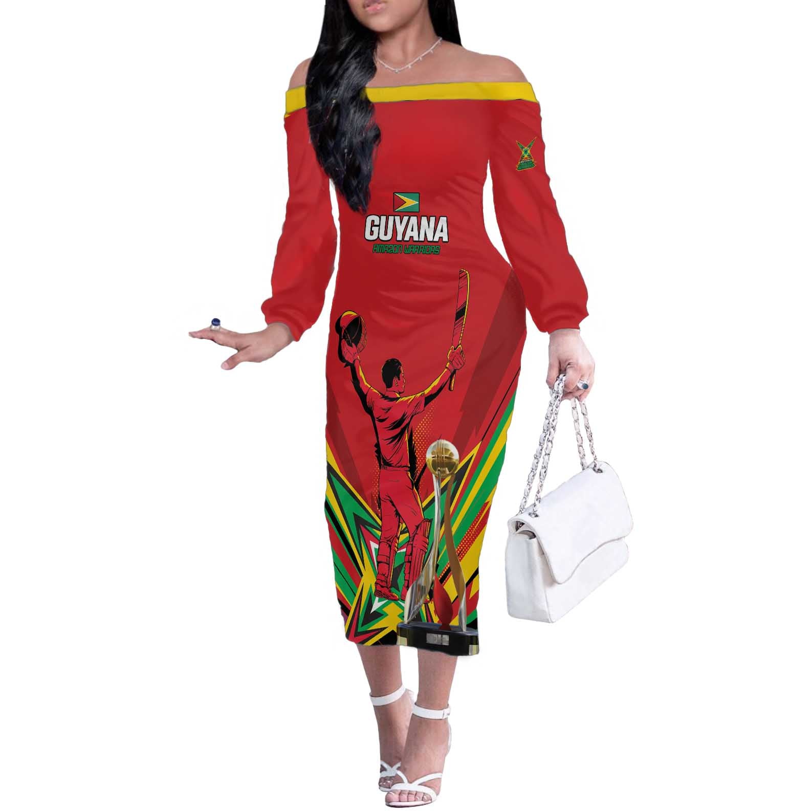 Personalized Amazon Warriors Champion Guyana Cricket Off The Shoulder Long Sleeve Dress - Wonder Print Shop