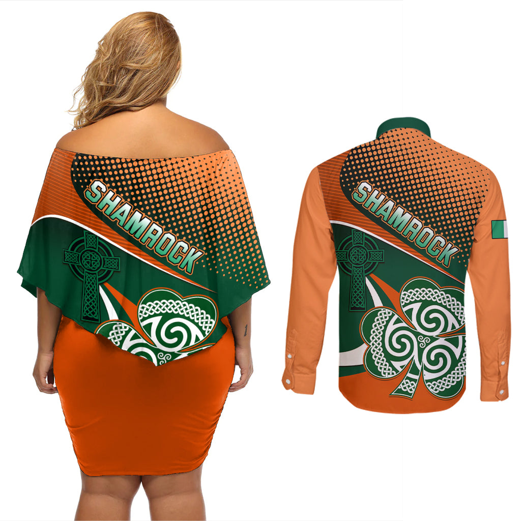 Ireland Rugby Couples Matching Off Shoulder Short Dress and Long Sleeve Button Shirts Irish Shamrock Go 2023 World Cup - Wonder Print Shop