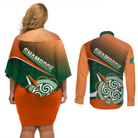 Ireland Rugby Couples Matching Off Shoulder Short Dress and Long Sleeve Button Shirts Irish Shamrock Go 2023 World Cup - Wonder Print Shop
