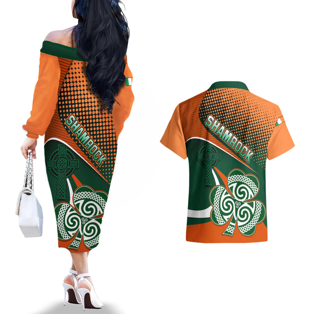 Ireland Rugby Couples Matching Off The Shoulder Long Sleeve Dress and Hawaiian Shirt Irish Shamrock Go 2023 World Cup - Wonder Print Shop