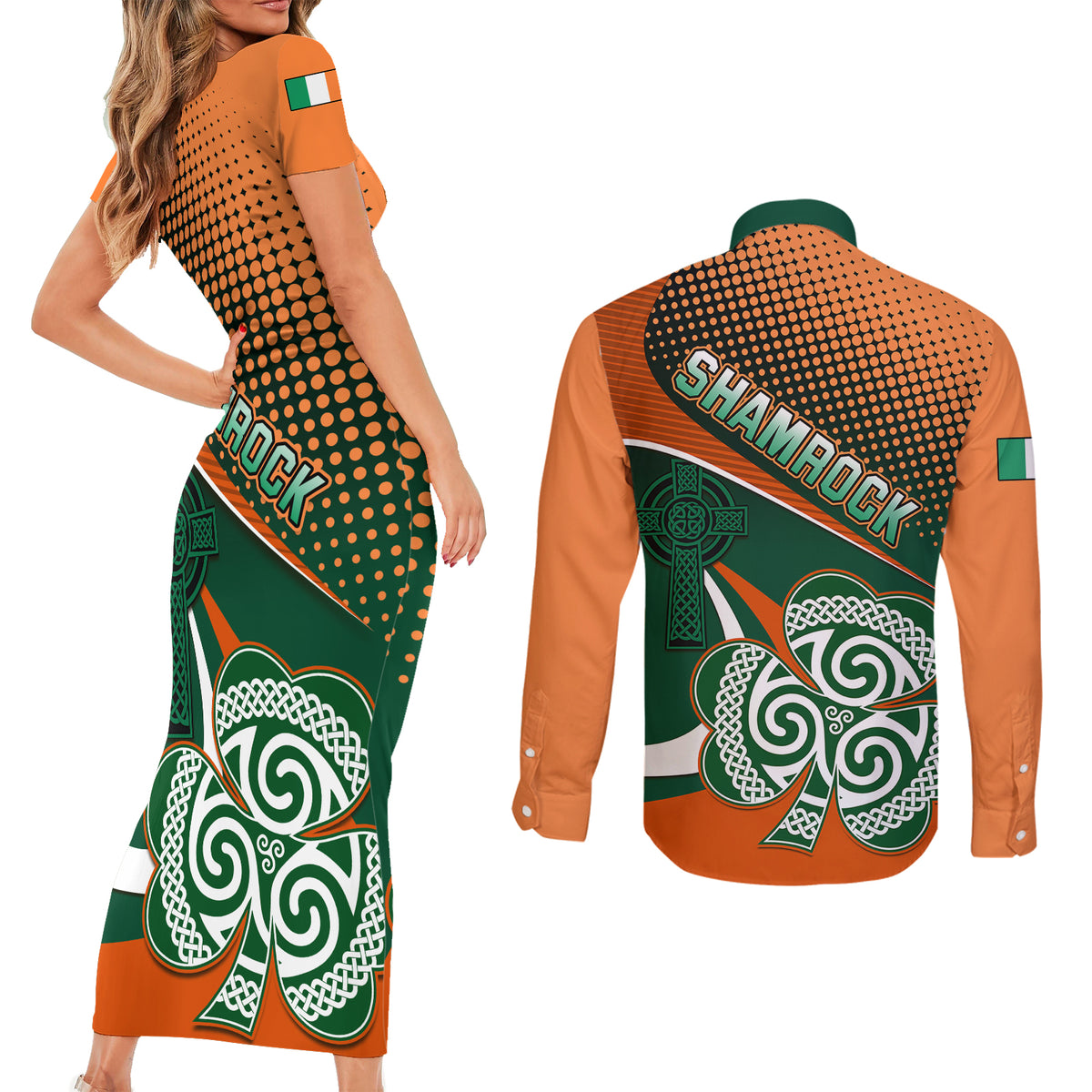 Ireland Rugby Couples Matching Short Sleeve Bodycon Dress and Long Sleeve Button Shirts Irish Shamrock Go 2023 World Cup - Wonder Print Shop