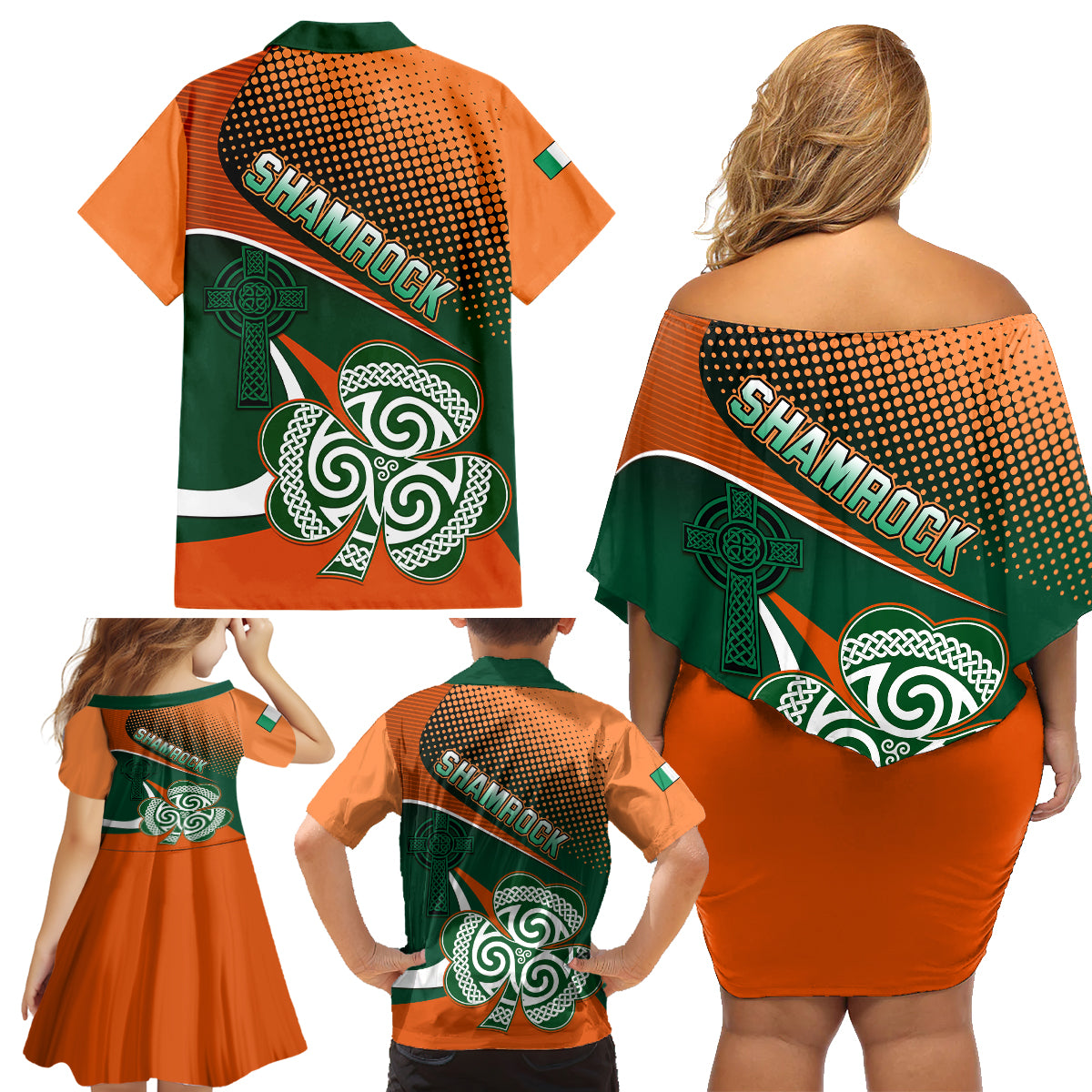 Ireland Rugby Family Matching Off Shoulder Short Dress and Hawaiian Shirt Irish Shamrock Go 2023 World Cup - Wonder Print Shop