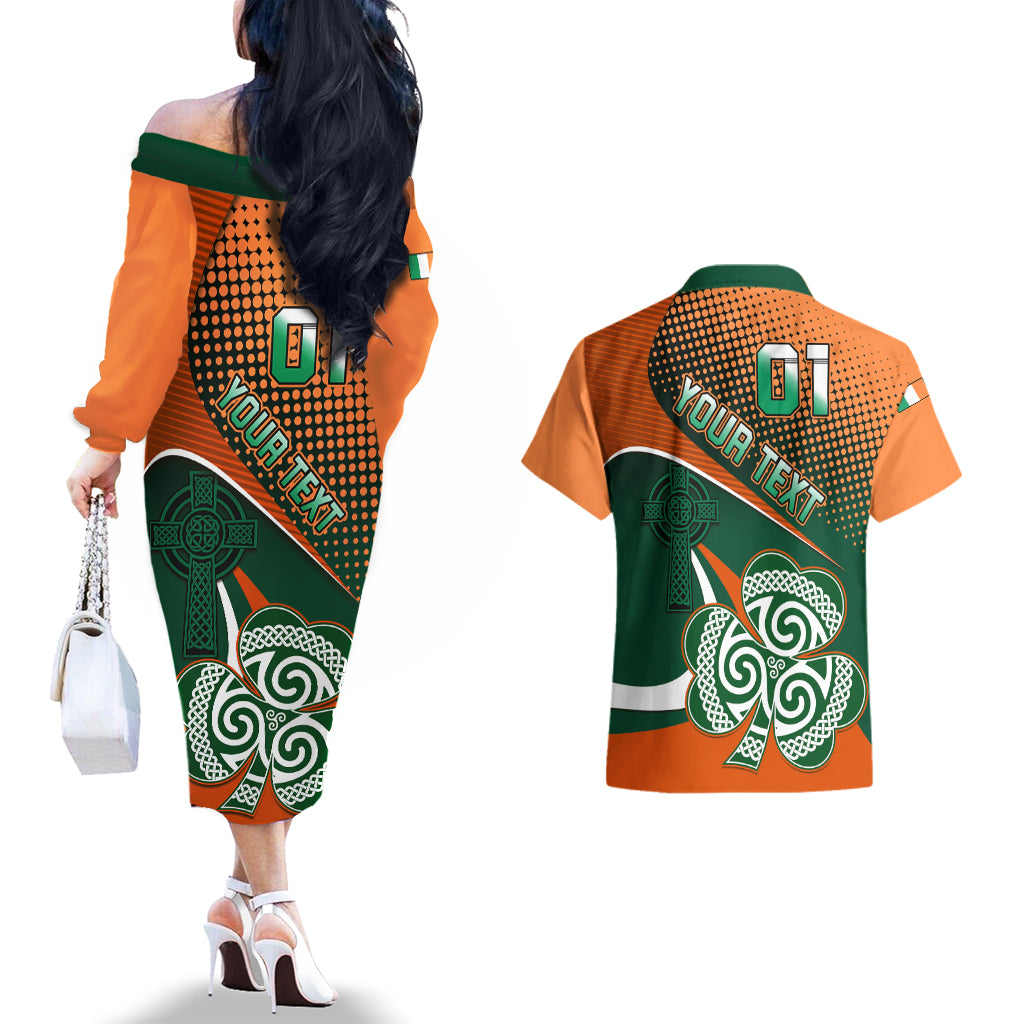 Custom Ireland Rugby Couples Matching Off The Shoulder Long Sleeve Dress and Hawaiian Shirt Irish Shamrock Go 2023 World Cup - Wonder Print Shop