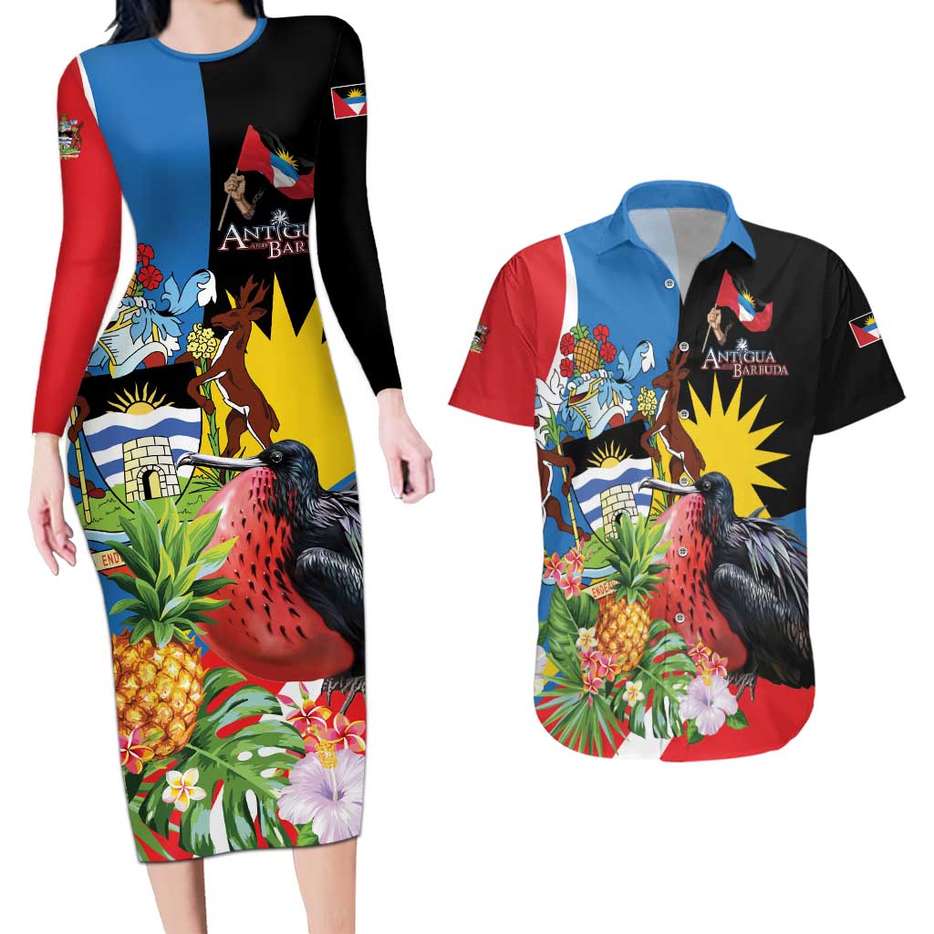Antigua and Barbuda Magnificent Frigatebird Couples Matching Long Sleeve Bodycon Dress and Hawaiian Shirt Tropical Vibe - Wonder Print Shop