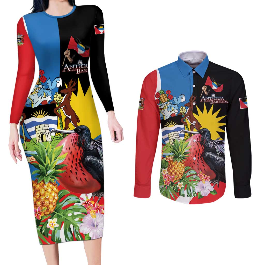 Antigua and Barbuda Magnificent Frigatebird Couples Matching Long Sleeve Bodycon Dress and Long Sleeve Button Shirt Tropical Vibe - Wonder Print Shop