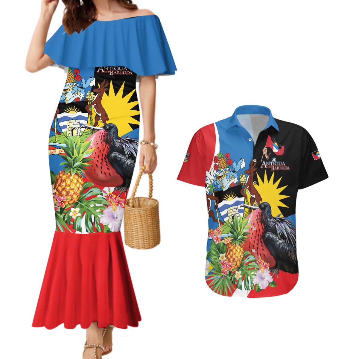 Antigua and Barbuda Magnificent Frigatebird Couples Matching Mermaid Dress and Hawaiian Shirt Tropical Vibe - Wonder Print Shop