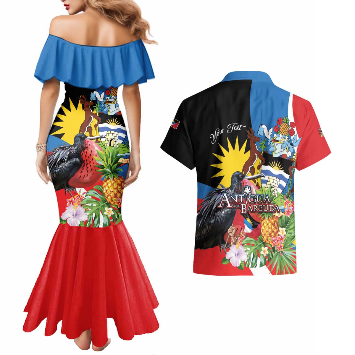 Antigua and Barbuda Magnificent Frigatebird Couples Matching Mermaid Dress and Hawaiian Shirt Tropical Vibe - Wonder Print Shop