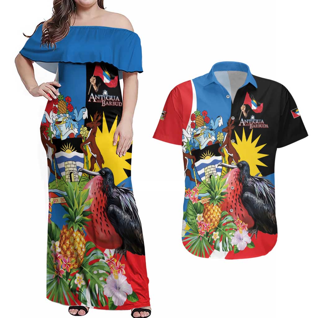 Antigua and Barbuda Magnificent Frigatebird Couples Matching Off Shoulder Maxi Dress and Hawaiian Shirt Tropical Vibe - Wonder Print Shop
