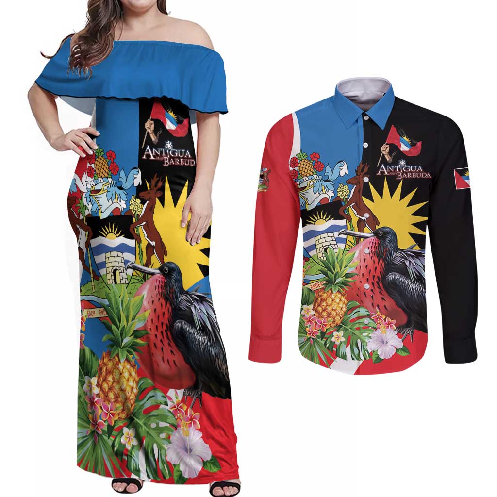 Antigua and Barbuda Magnificent Frigatebird Couples Matching Off Shoulder Maxi Dress and Long Sleeve Button Shirt Tropical Vibe - Wonder Print Shop