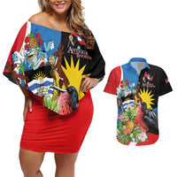 Antigua and Barbuda Magnificent Frigatebird Couples Matching Off Shoulder Short Dress and Hawaiian Shirt Tropical Vibe - Wonder Print Shop
