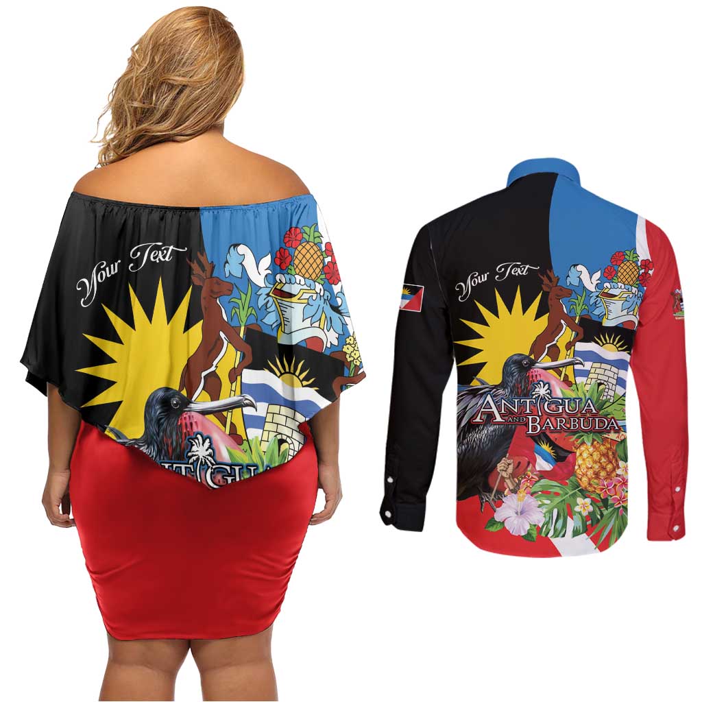Antigua and Barbuda Magnificent Frigatebird Couples Matching Off Shoulder Short Dress and Long Sleeve Button Shirt Tropical Vibe - Wonder Print Shop