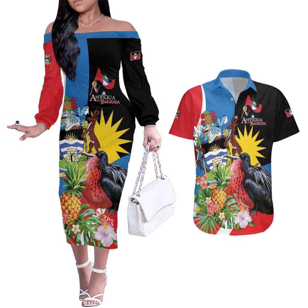 Antigua and Barbuda Magnificent Frigatebird Couples Matching Off The Shoulder Long Sleeve Dress and Hawaiian Shirt Tropical Vibe - Wonder Print Shop