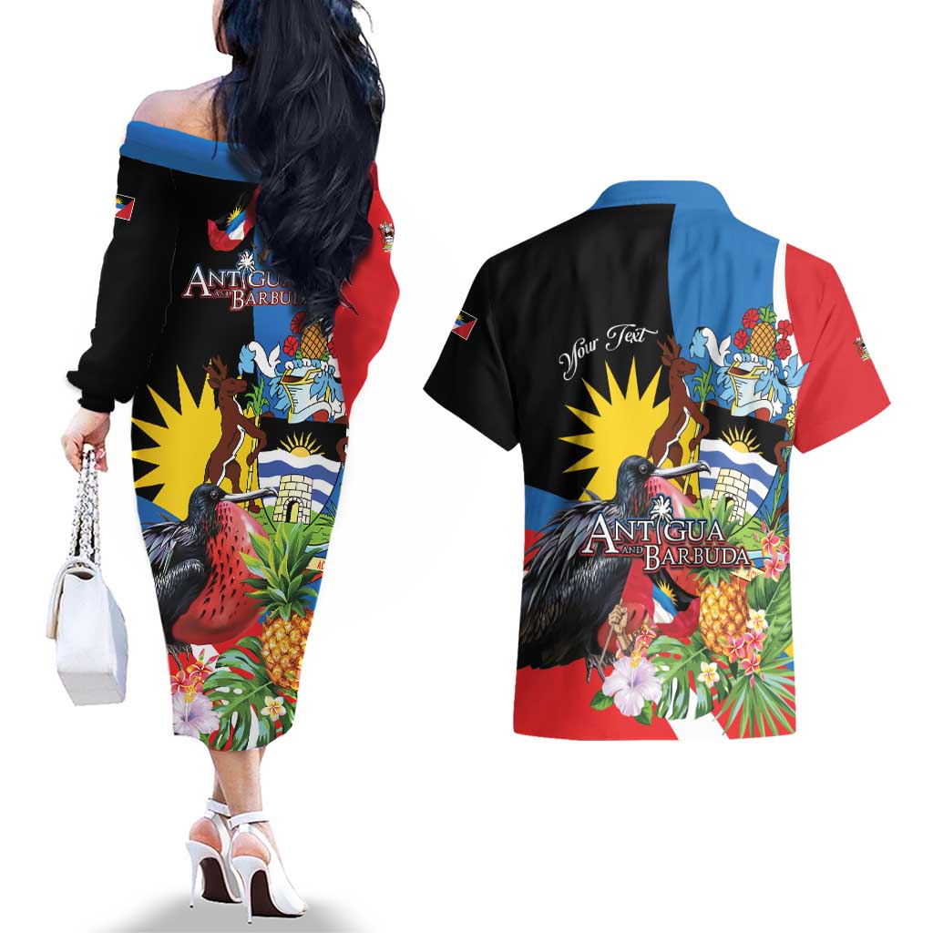 Antigua and Barbuda Magnificent Frigatebird Couples Matching Off The Shoulder Long Sleeve Dress and Hawaiian Shirt Tropical Vibe - Wonder Print Shop