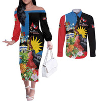 Antigua and Barbuda Magnificent Frigatebird Couples Matching Off The Shoulder Long Sleeve Dress and Long Sleeve Button Shirt Tropical Vibe - Wonder Print Shop