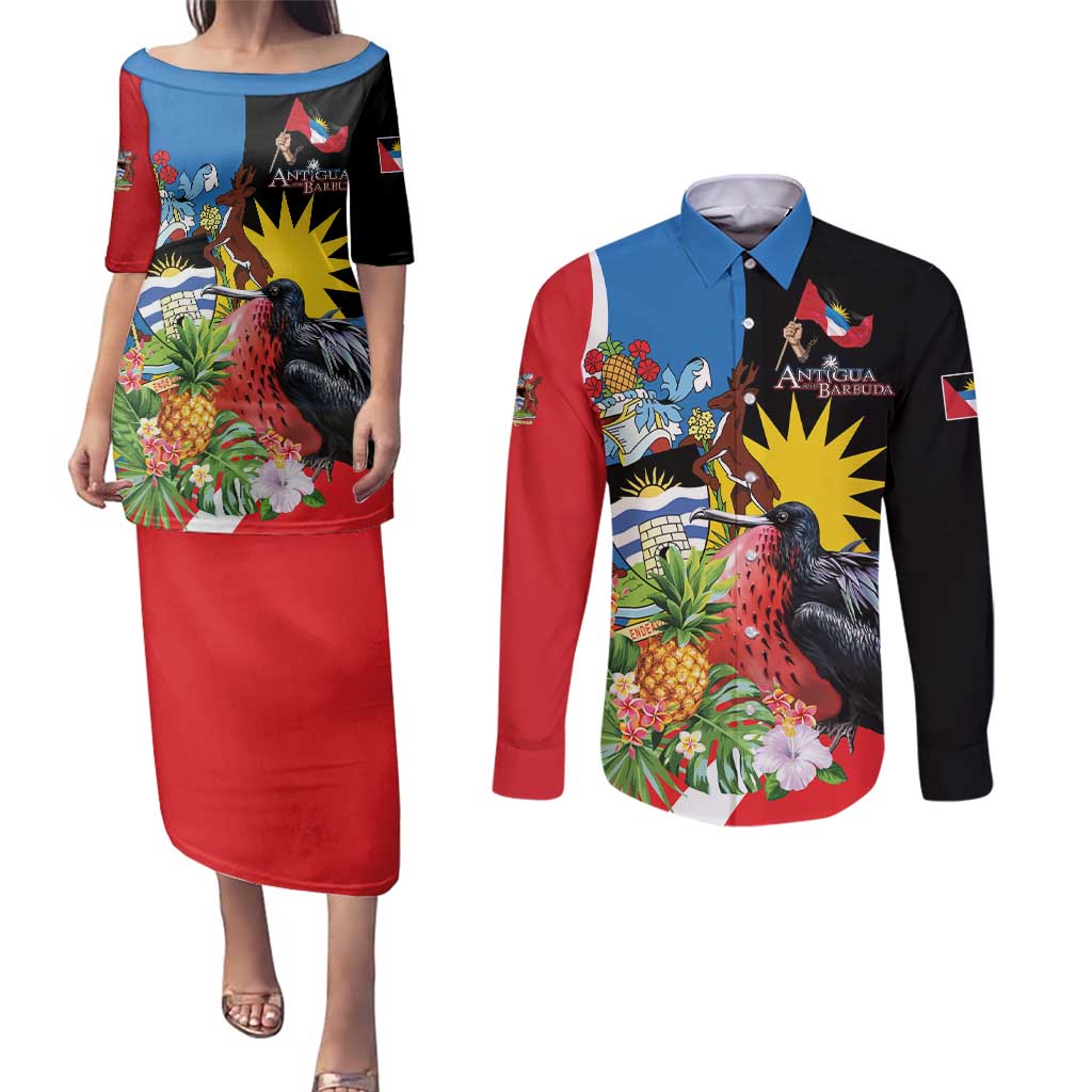 Antigua and Barbuda Magnificent Frigatebird Couples Matching Puletasi and Long Sleeve Button Shirt Tropical Vibe - Wonder Print Shop