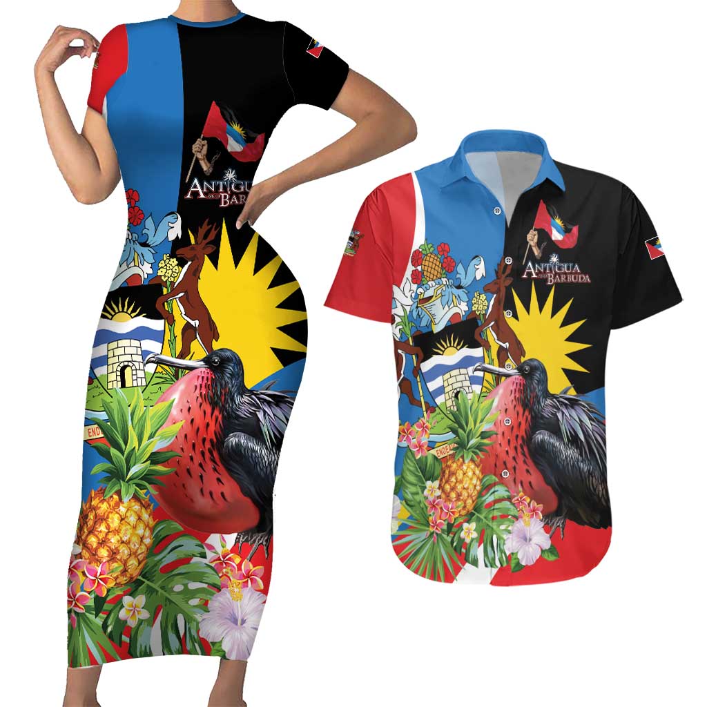 Antigua and Barbuda Magnificent Frigatebird Couples Matching Short Sleeve Bodycon Dress and Hawaiian Shirt Tropical Vibe - Wonder Print Shop