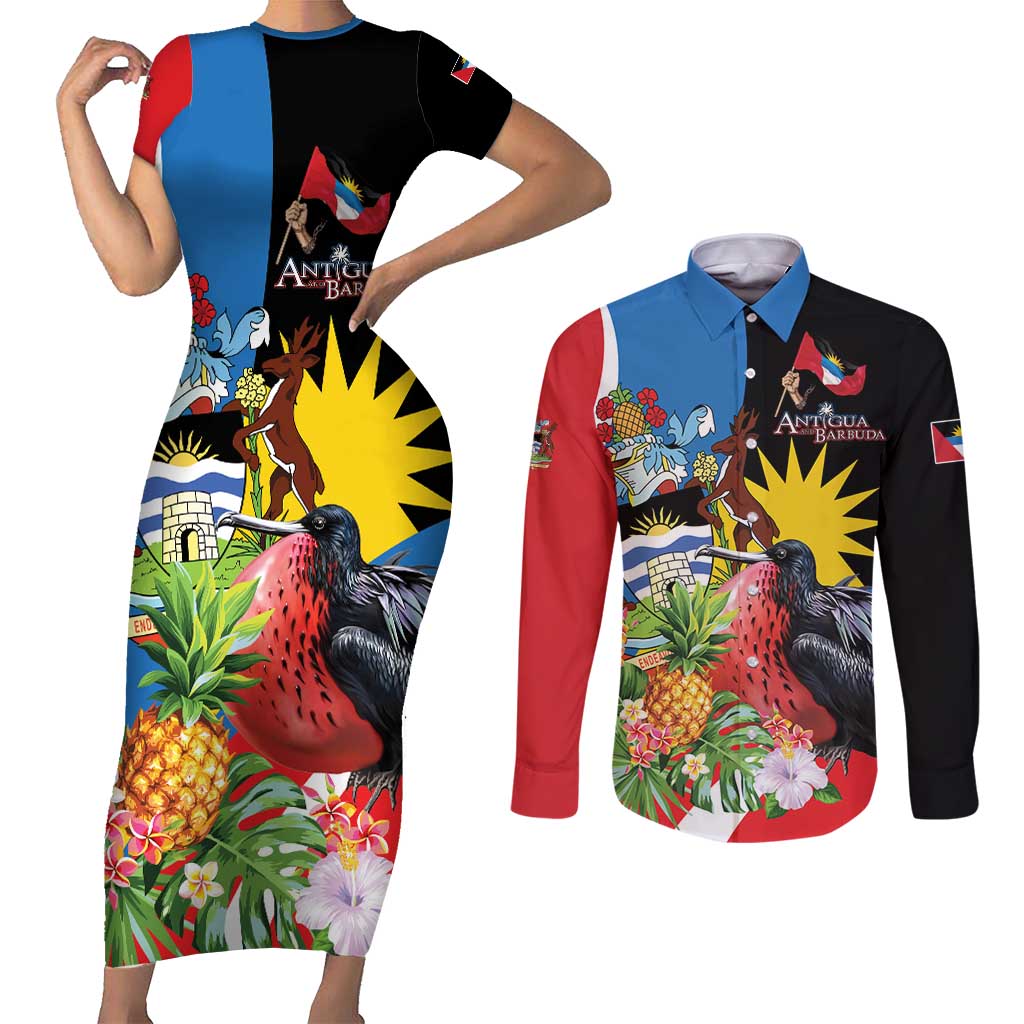 Antigua and Barbuda Magnificent Frigatebird Couples Matching Short Sleeve Bodycon Dress and Long Sleeve Button Shirt Tropical Vibe - Wonder Print Shop