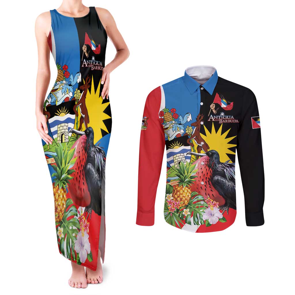 Antigua and Barbuda Magnificent Frigatebird Couples Matching Tank Maxi Dress and Long Sleeve Button Shirt Tropical Vibe - Wonder Print Shop