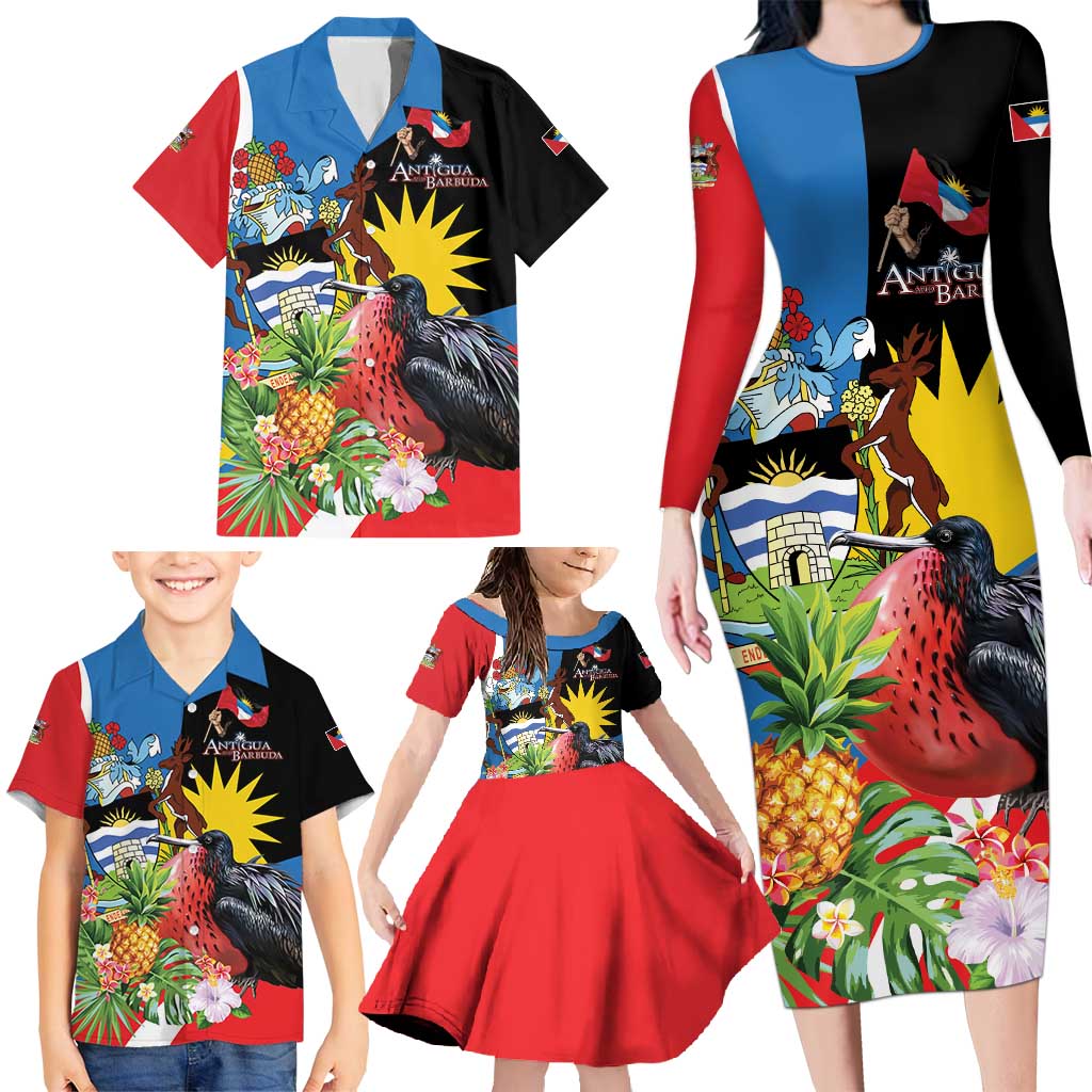 Antigua and Barbuda Magnificent Frigatebird Family Matching Long Sleeve Bodycon Dress and Hawaiian Shirt Tropical Vibe - Wonder Print Shop