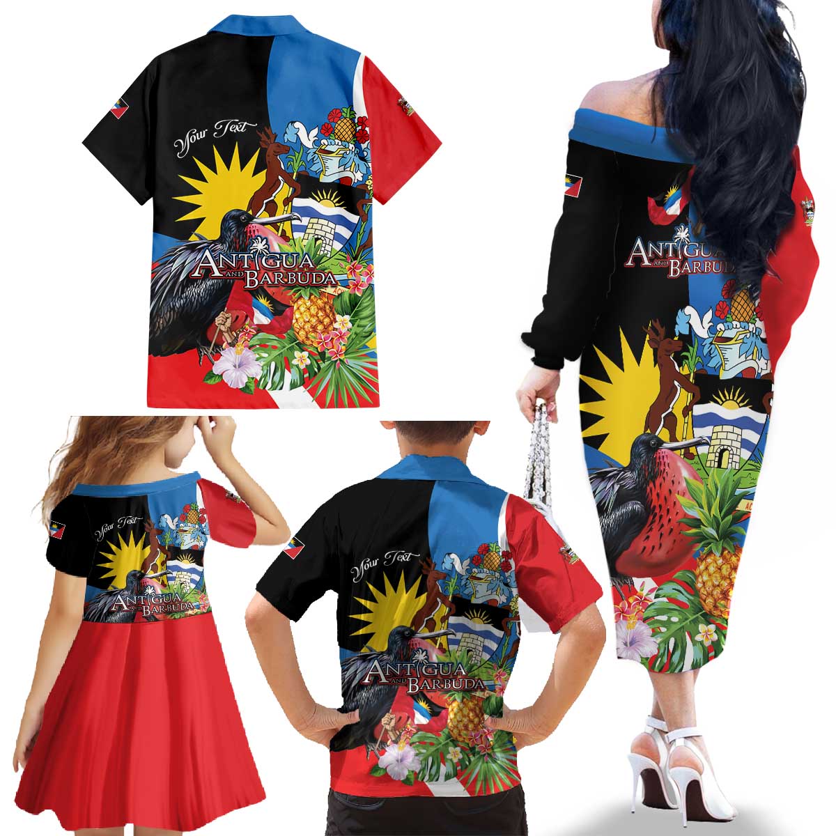 Antigua and Barbuda Magnificent Frigatebird Family Matching Off The Shoulder Long Sleeve Dress and Hawaiian Shirt Tropical Vibe - Wonder Print Shop