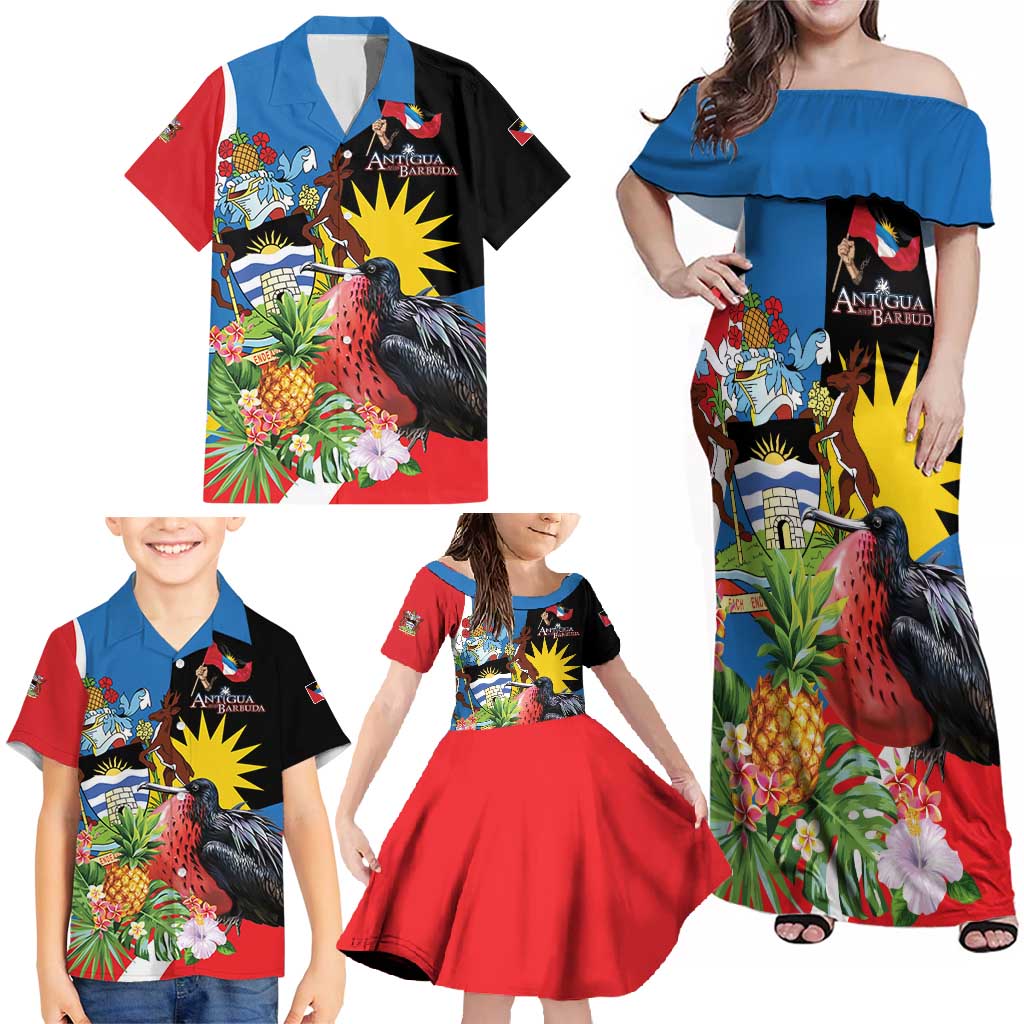 Antigua and Barbuda Magnificent Frigatebird Family Matching Off Shoulder Maxi Dress and Hawaiian Shirt Tropical Vibe - Wonder Print Shop