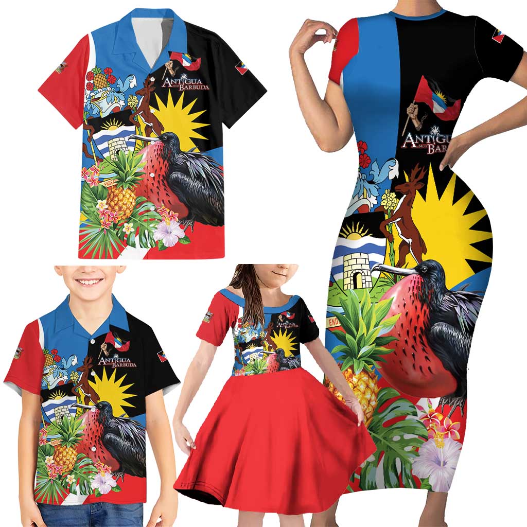 Antigua and Barbuda Magnificent Frigatebird Family Matching Short Sleeve Bodycon Dress and Hawaiian Shirt Tropical Vibe - Wonder Print Shop