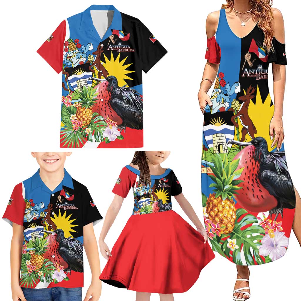 Antigua and Barbuda Magnificent Frigatebird Family Matching Summer Maxi Dress and Hawaiian Shirt Tropical Vibe - Wonder Print Shop