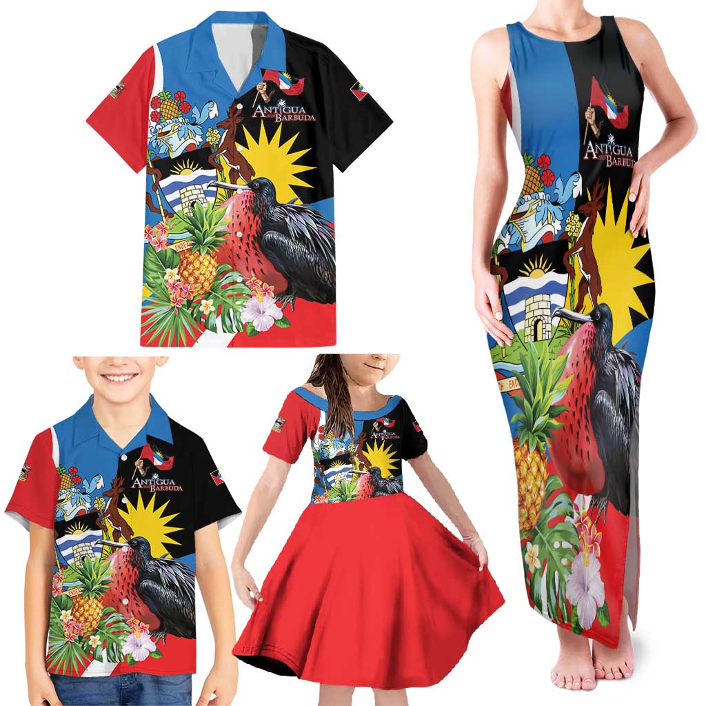 Antigua and Barbuda Magnificent Frigatebird Family Matching Tank Maxi Dress and Hawaiian Shirt Tropical Vibe - Wonder Print Shop