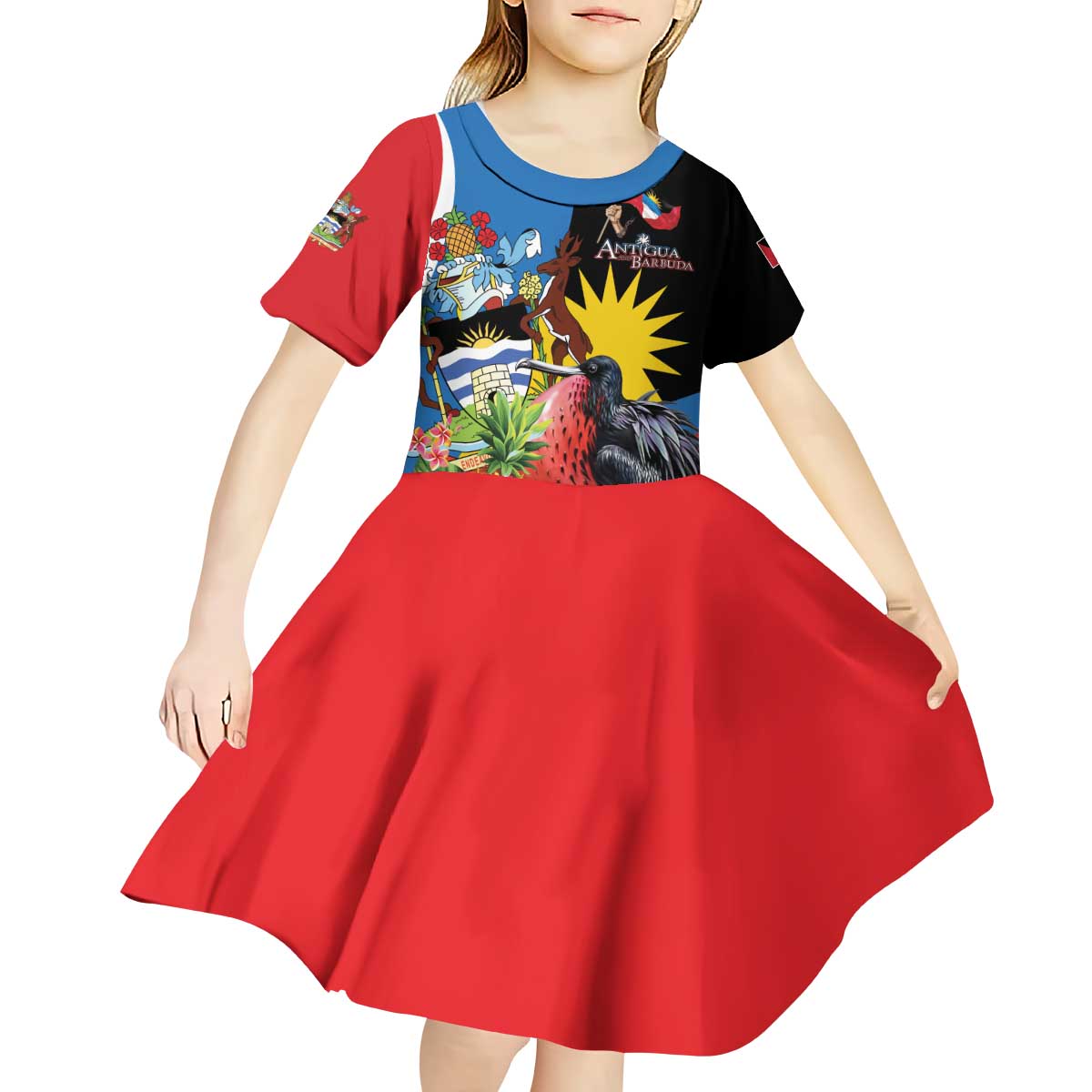 Antigua and Barbuda Magnificent Frigatebird Kid Short Sleeve Dress Tropical Vibe - Wonder Print Shop
