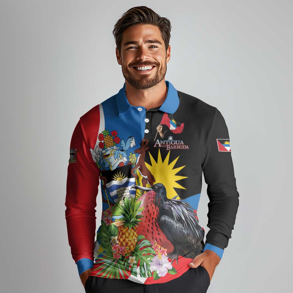 Antigua and Barbuda Magnificent Frigatebird Long Sleeve Polo Shirt Tropical Vibe - Wonder Print Shop