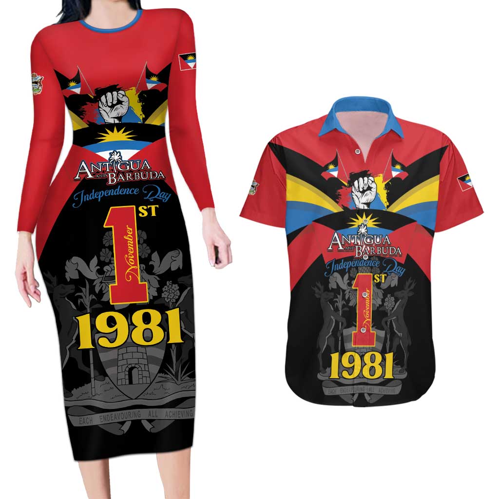 Antigua and Barbuda Independence Day Couples Matching Long Sleeve Bodycon Dress and Hawaiian Shirt Baabyuuda 1 November 1981 - Wonder Print Shop