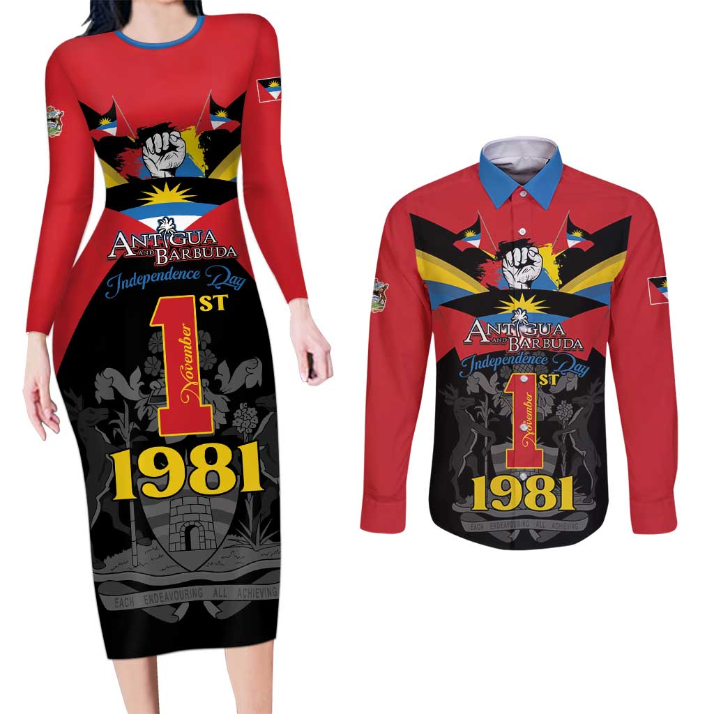Antigua and Barbuda Independence Day Couples Matching Long Sleeve Bodycon Dress and Long Sleeve Button Shirt Baabyuuda 1 November 1981 - Wonder Print Shop
