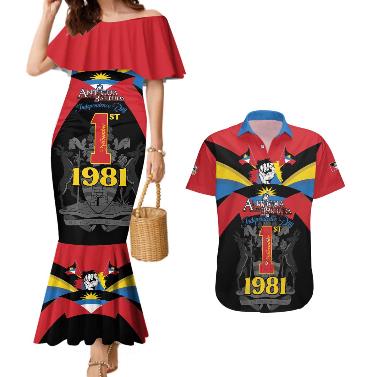 Antigua and Barbuda Independence Day Couples Matching Mermaid Dress and Hawaiian Shirt Baabyuuda 1 November 1981 - Wonder Print Shop
