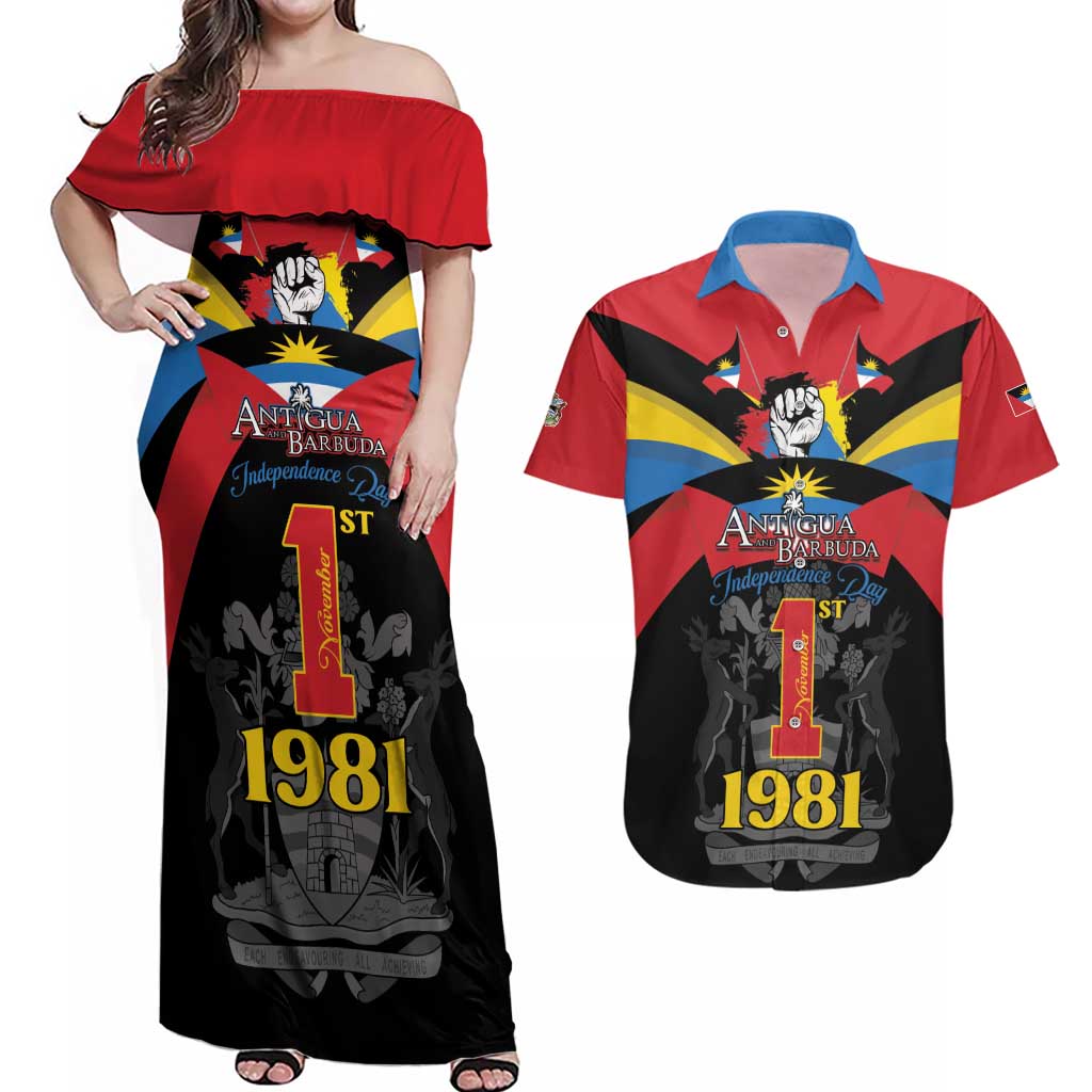 Antigua and Barbuda Independence Day Couples Matching Off Shoulder Maxi Dress and Hawaiian Shirt Baabyuuda 1 November 1981 - Wonder Print Shop
