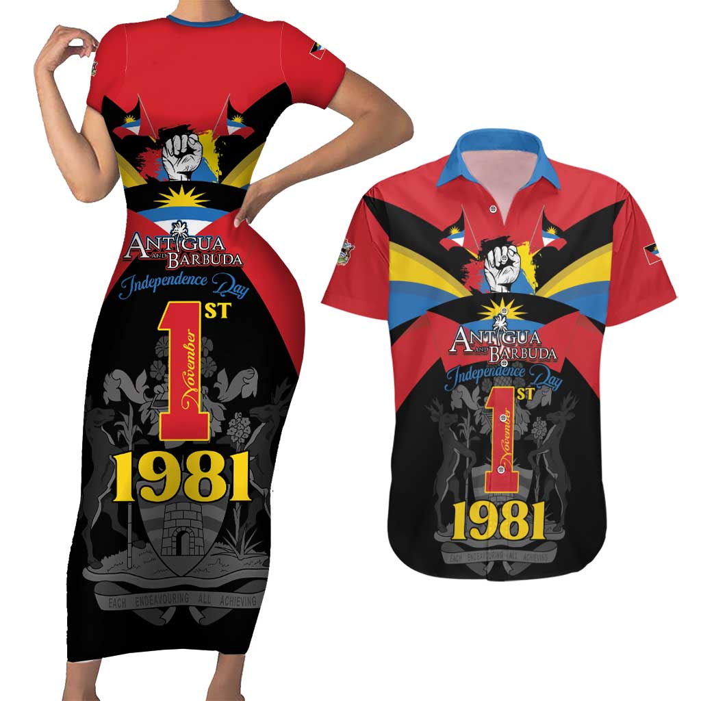Antigua and Barbuda Independence Day Couples Matching Short Sleeve Bodycon Dress and Hawaiian Shirt Baabyuuda 1 November 1981 - Wonder Print Shop