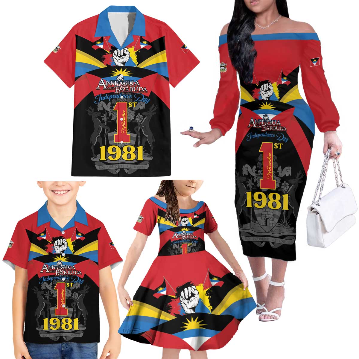 Antigua and Barbuda Independence Day Family Matching Off The Shoulder Long Sleeve Dress and Hawaiian Shirt Baabyuuda 1 November 1981 - Wonder Print Shop